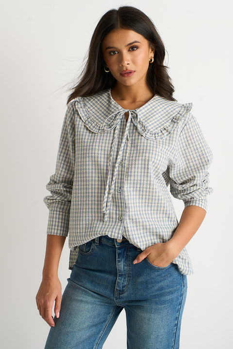 Blue Gingham Textured Check Peter Pan Collared Shirt by Gini London