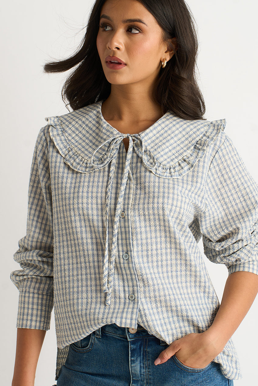 Blue Gingham Textured Check Peter Pan Collared Shirt GL2010