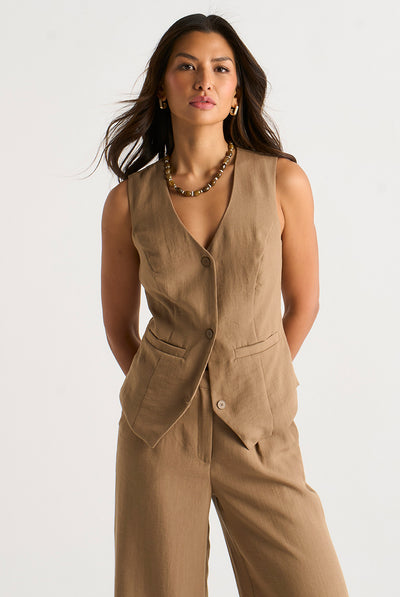 Camel - Camel Button Through Tailored Waistcoat by Gini London