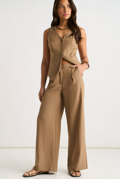 Camel - Camel Tailored Wide Leg Trousers by Gini London