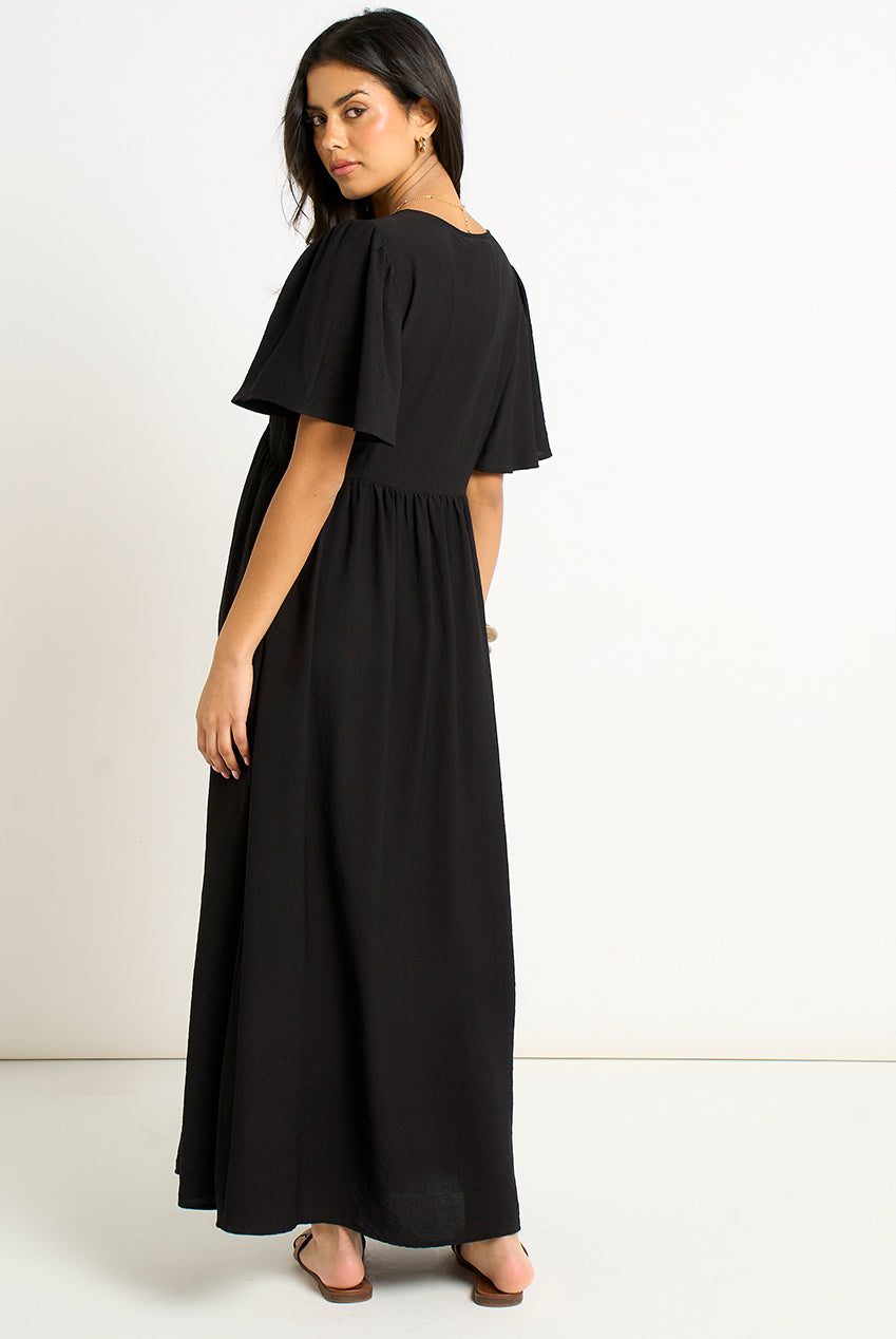 Black V Neck Angel Sleeves Skater Maxi Dress GL2018