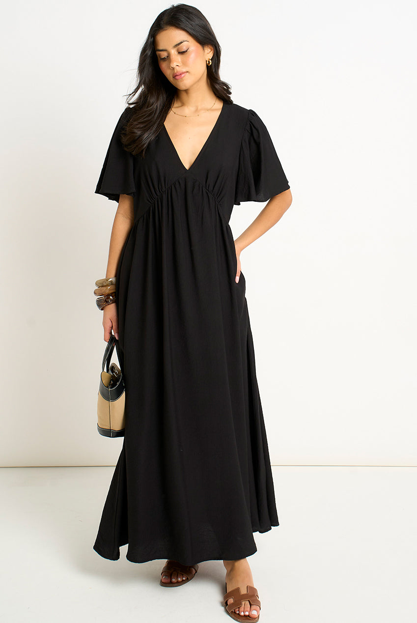 Black V Neck Angel Sleeves Skater Maxi Dress GL2018