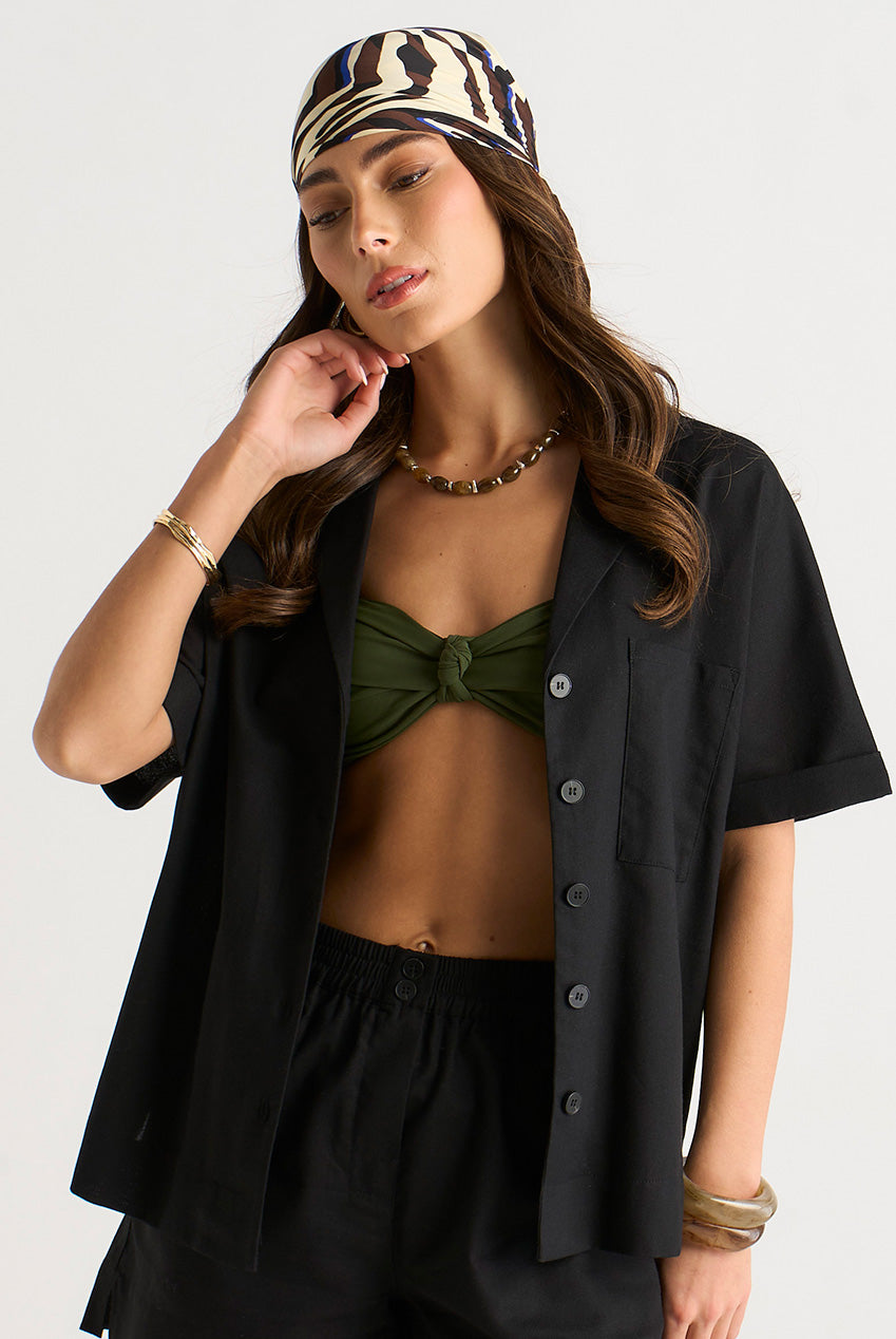 Black Linen Mix Oversized Button Through Shirt GL2027A
