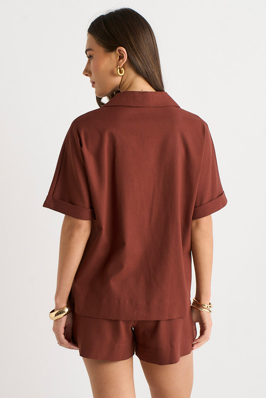 Chocolate Linen Mix Oversized Button Through Shirt GL2027A