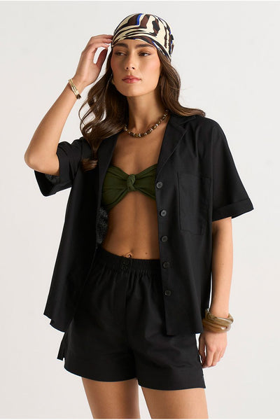 Black Linen Mix Elasticated Waist Shorts by Gini London