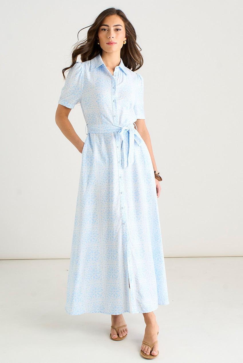 Cotton Mix Blue Tile Print Button Through Maxi Shirt Dress GL2031