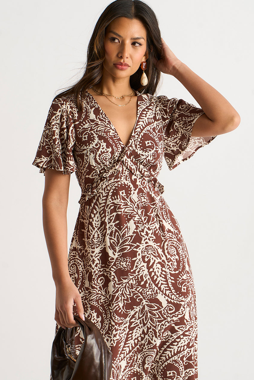 Chocolate Paisley Print Ruffle Midi Dress GL2032