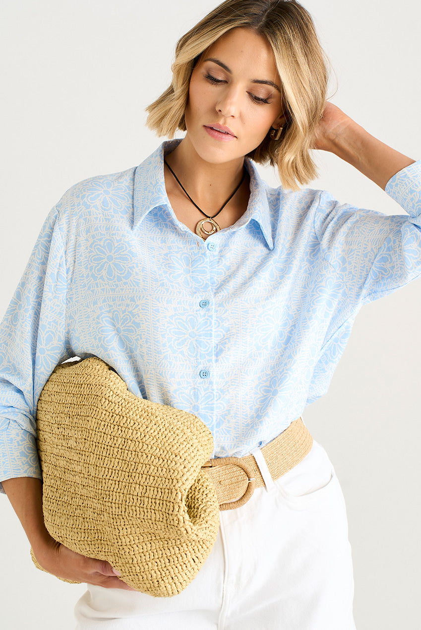 Cotton Mix Blue Tile Print Button-Through Shirt GL2033