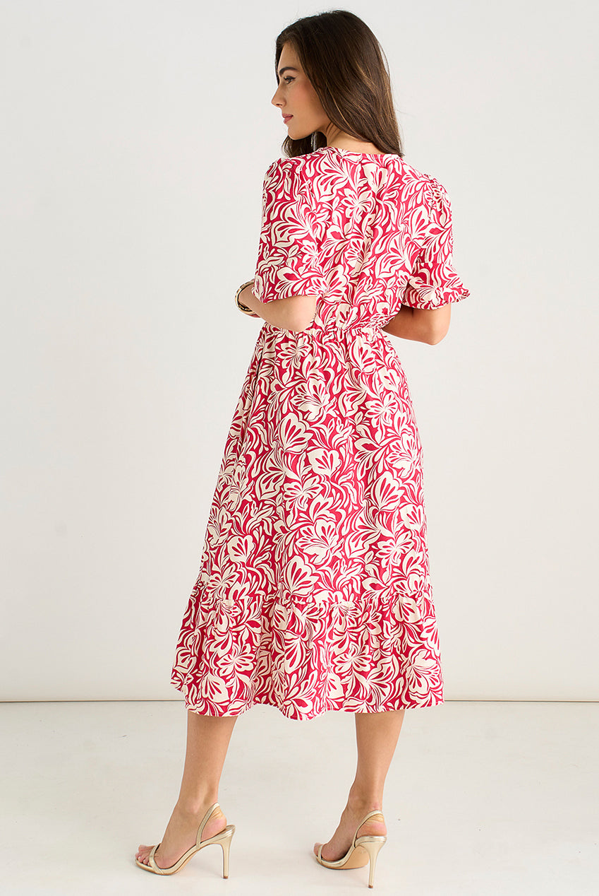 Red Paisley Print Elasticated Waist Midi Dress GL2037
