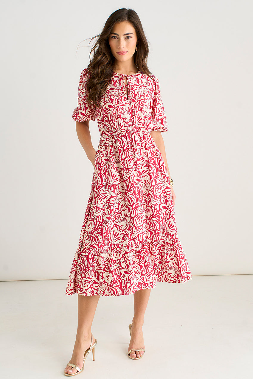 Red Paisley Print Elasticated Waist Midi Dress GL2037