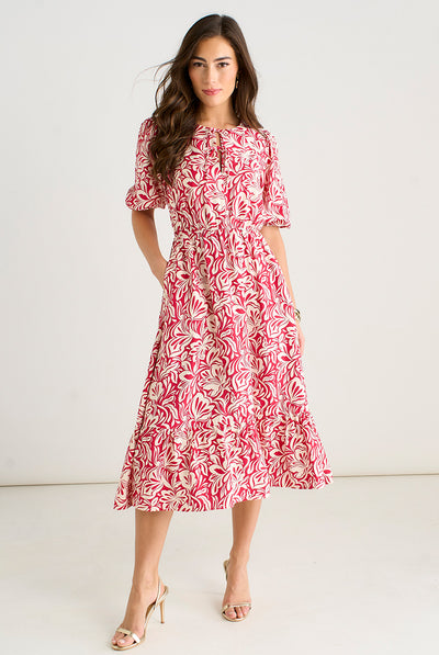 Red - Red Paisley Print Elasticated Waist Midi Dress by Gini London