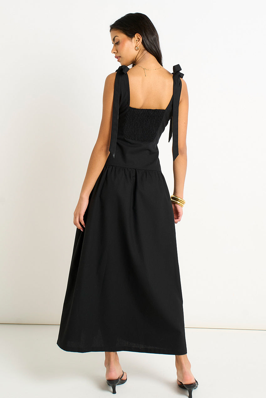 Black Linen Mix Drop Waist Midi Dress GL2041