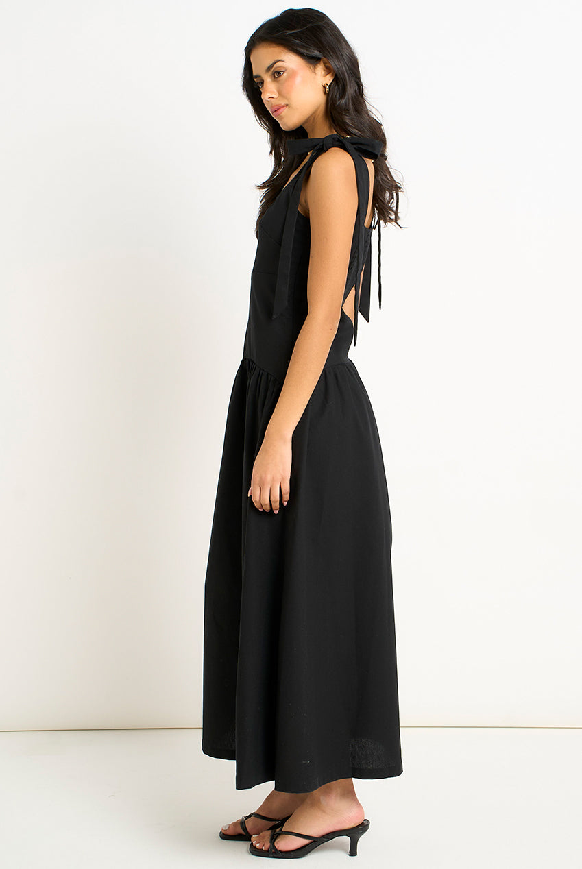 Black Linen Mix Drop Waist Midi Dress | Goddiva Black Linen Mix Drop Waist Midi Dress | Goddiva