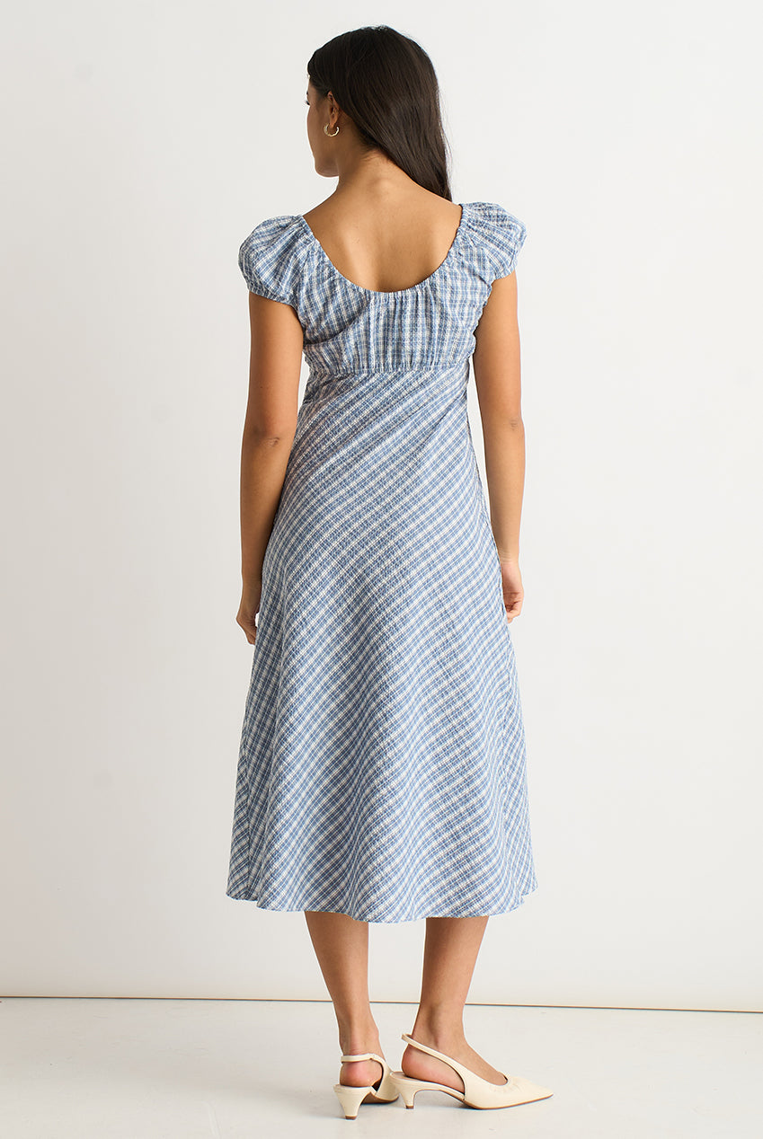 Blue V Neck Textured Gingham Midi Dress GL2043