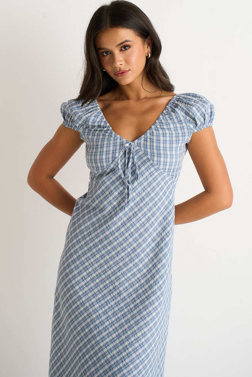 Blue V Neck Textured Gingham Midi Dress GL2043