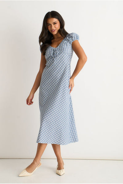Blue - Blue V Neck Textured Gingham Midi Dress by Gini London