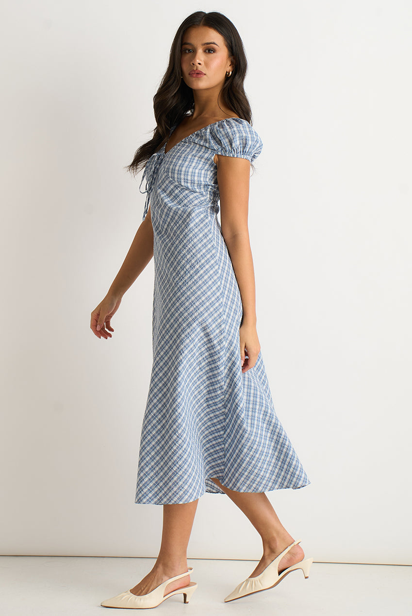 Blue V Neck Textured Gingham Midi Dress GL2043