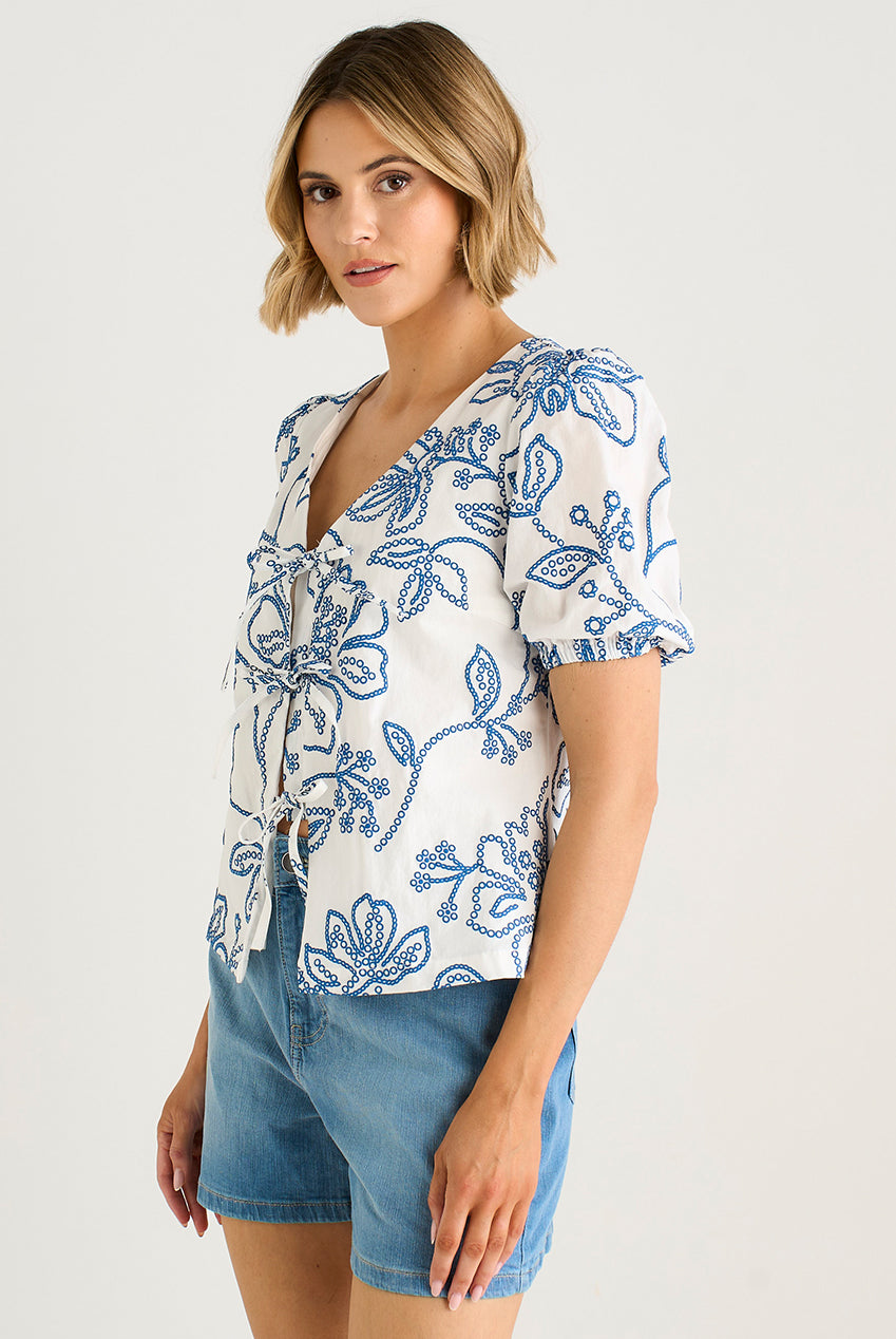 White Textured Floral Print Tie Front Top GL2044A