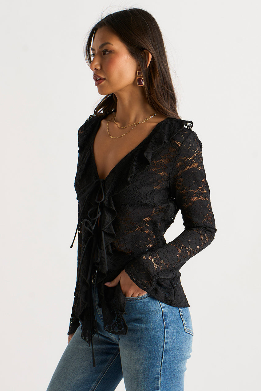 Black Jersey Lace Ruffle Tie Front Blouse GL2046