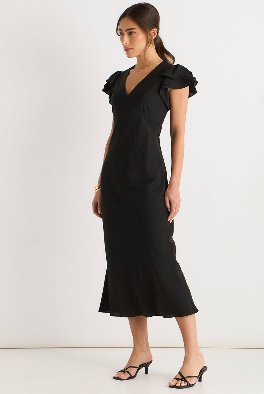 Black V Neck Ruffle Bias Midi Dress GL2048