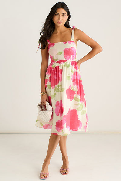 Pink Floral - Pink Floral Tie Straps Midi Dress by Gini London