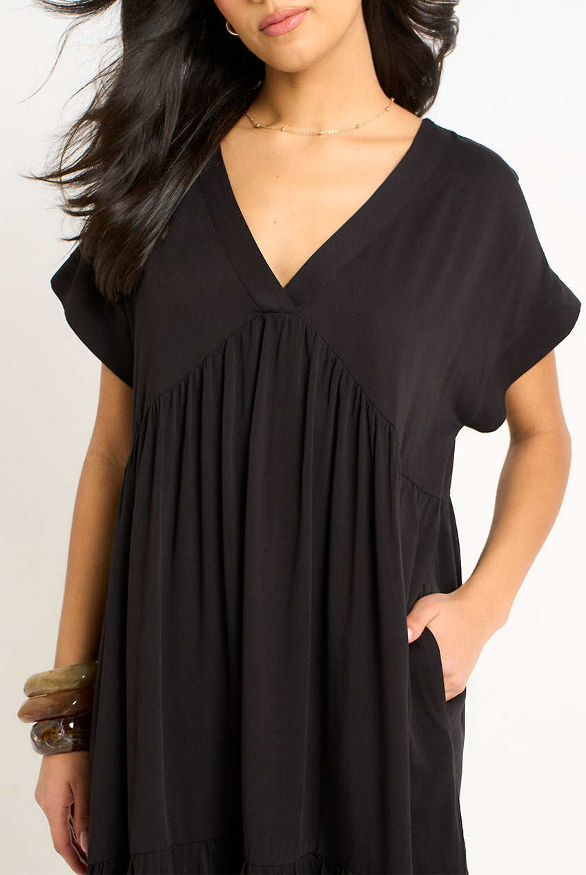 Black V Neck Tiered Mini Smock Dress GL2050