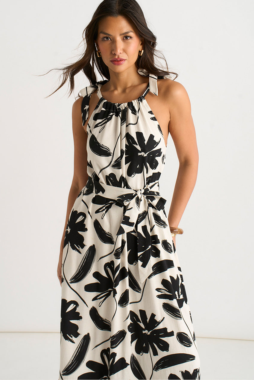 Mono Stencil Linen Mix Belted Trapeze Dress GL2052