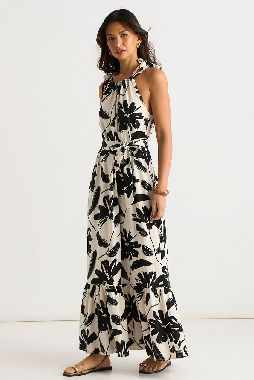 Mono Stencil Linen Mix Belted Trapeze Dress GL2052