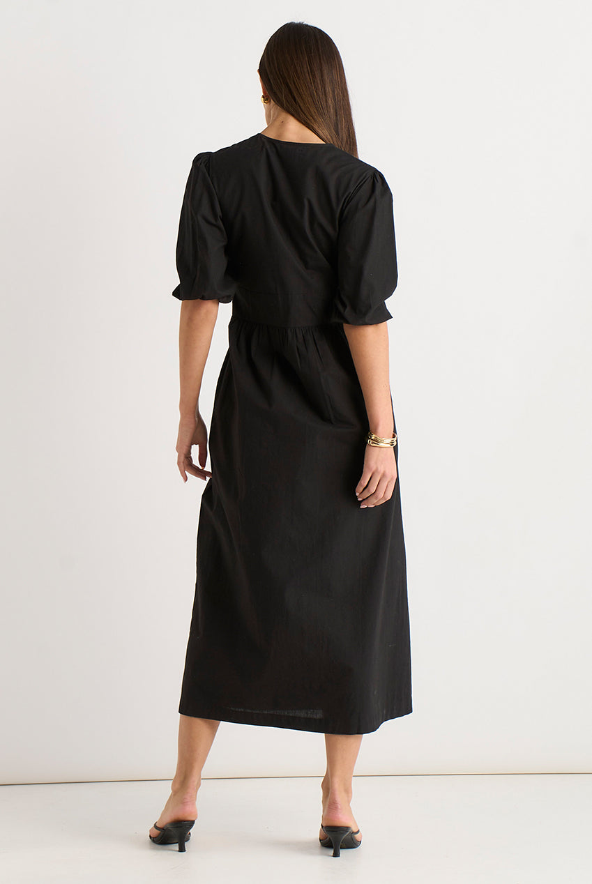 Black Puff Sleeve Cotton Embroidered Midi Dress GL2056