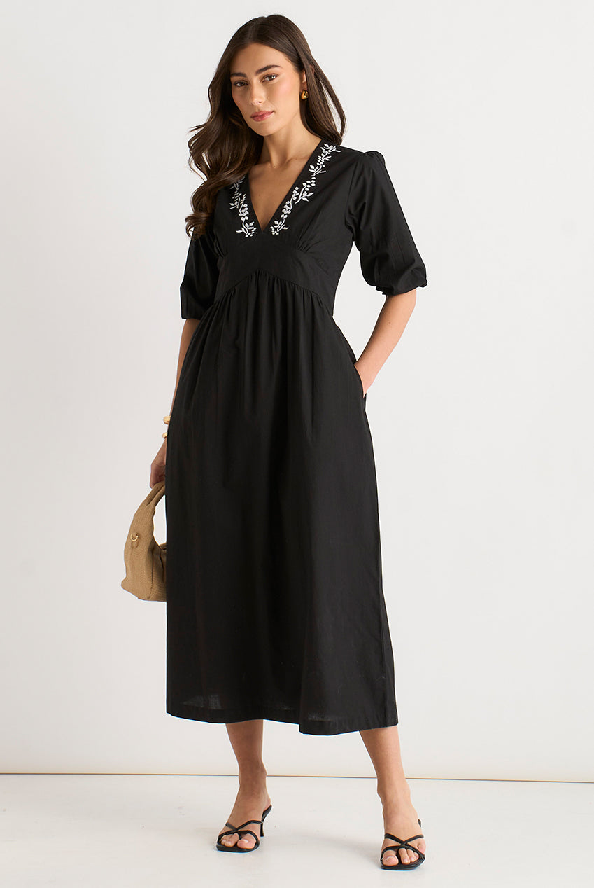 Black Puff Sleeve Cotton Embroidered Midi Dress GL2056