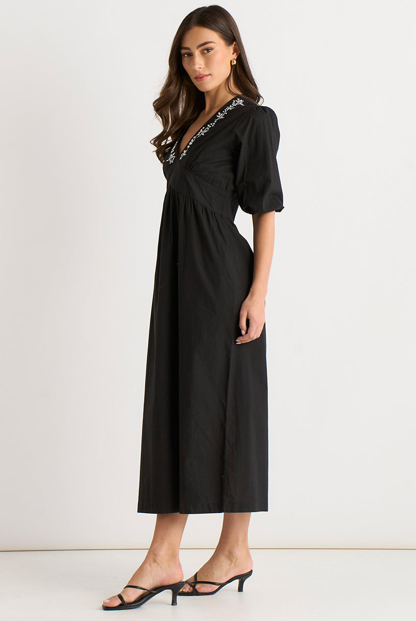 Black Puff Sleeve Cotton Embroidered Midi Dress GL2056