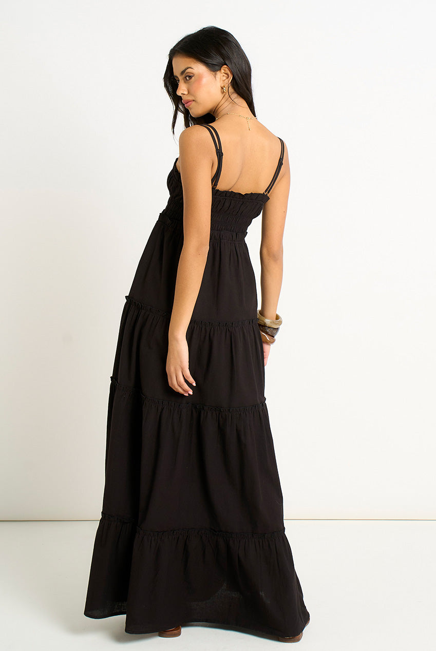 Black Cotton Shirred Strappy Flare Maxi Dress GL2057