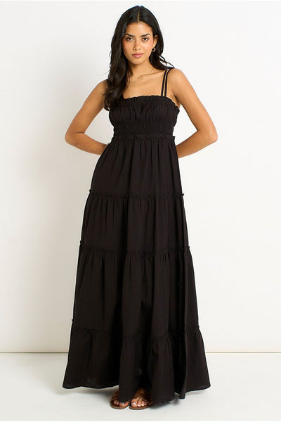 Black Cotton Shirred Strappy Flare Maxi Dress by Gini London
