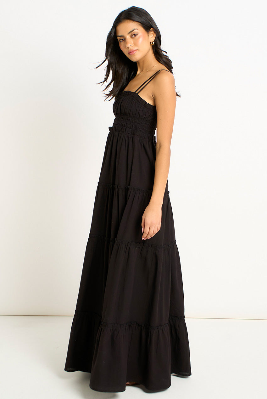 Black Cotton Shirred Strappy Flare Maxi Dress GL2057
