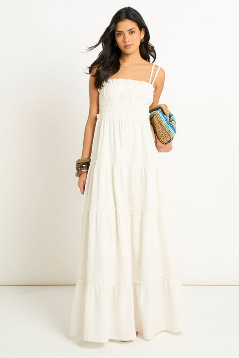 White Cotton Shirred Strappy Flare Maxi Dress by Gini London