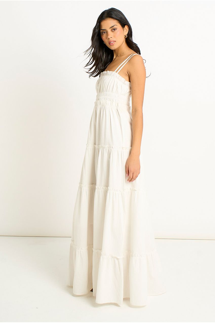 White Cotton Shirred Strappy Flare Maxi Dress | Goddiva White Cotton Shirred Strappy Flare Maxi Dress | Goddiva