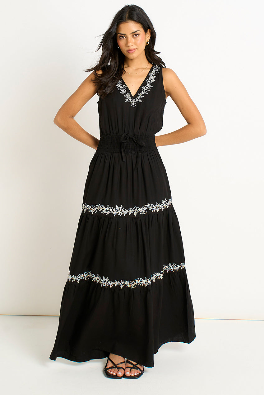 Black Floral Embroidery Tiered Maxi Dress GL2059