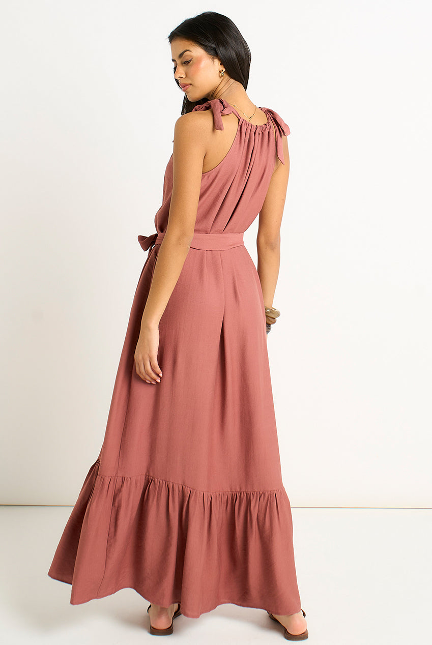 Rust Tie Shoulder Relaxed Fit Belted Maxi Dress GL2068