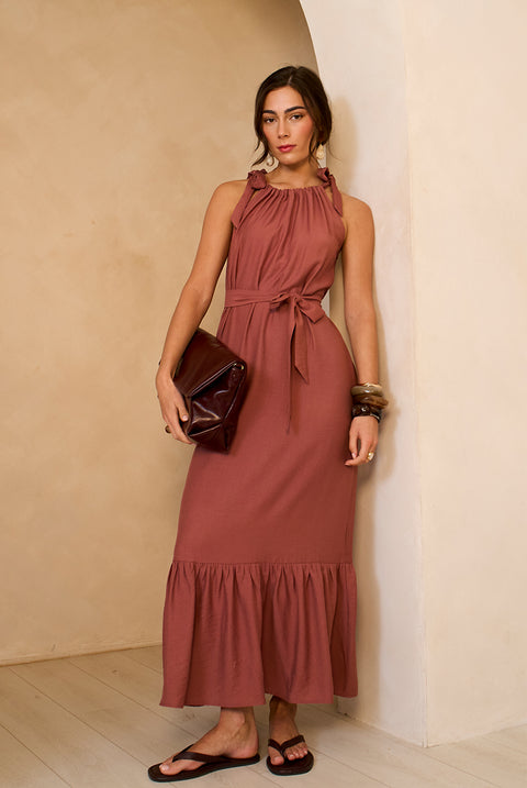 Rust Tie Shoulder Relaxed Fit Belted Maxi Dress by Gini London