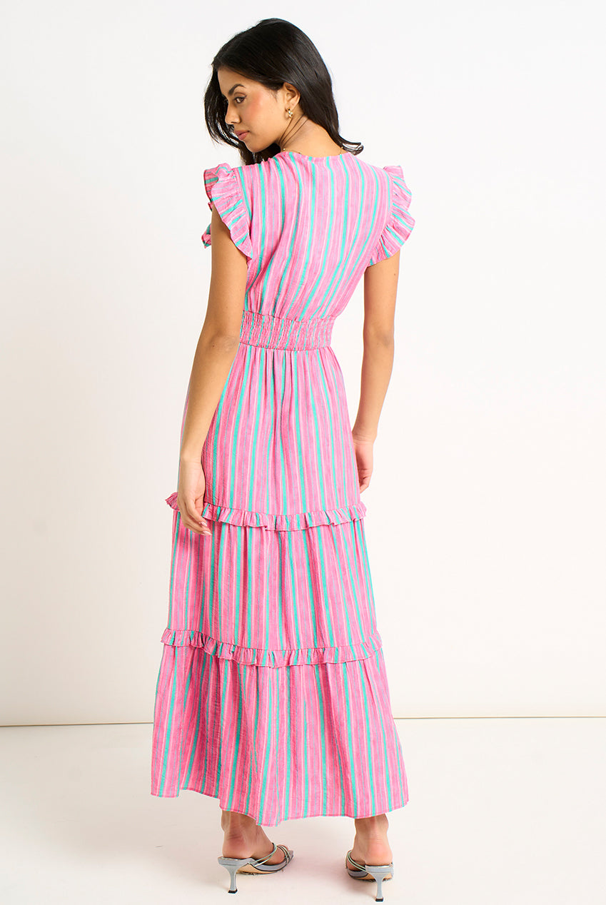 Pink Summer Stripe Shirred Waist Maxi Dress GL2070