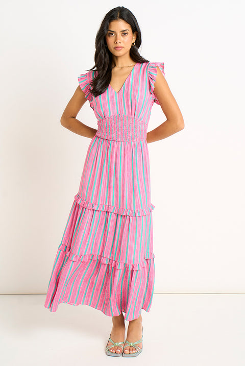 Pink Summer Stripe Shirred Waist Maxi Dress by Gini London