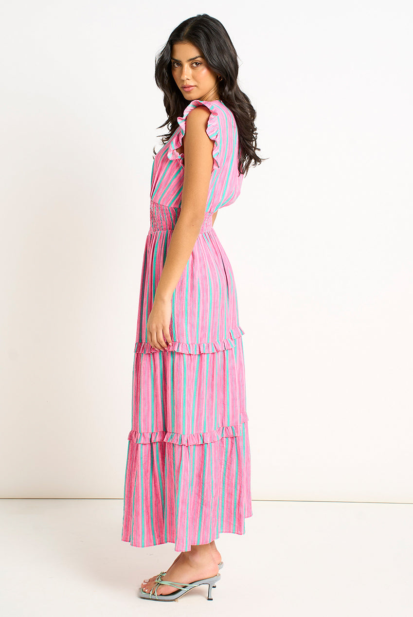 Pink Summer Stripe Shirred Waist Maxi Dress GL2070