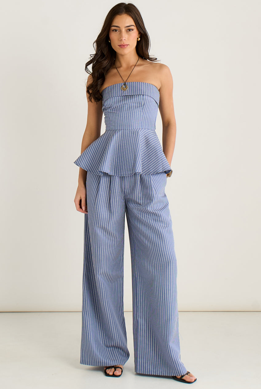 Blue Bardot Stripe Peplum Top GL2082A