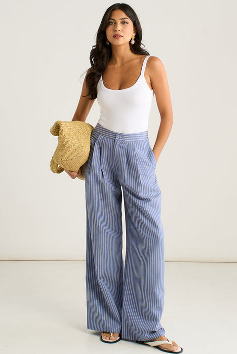 Blue Wide Leg Pleat Front Formal Trousers by Gini London