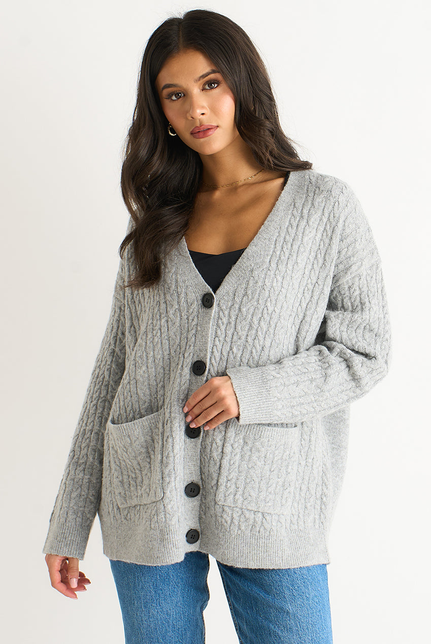 Grey Textured Knit Long Sleeve Pocket Cardigan GL2085A