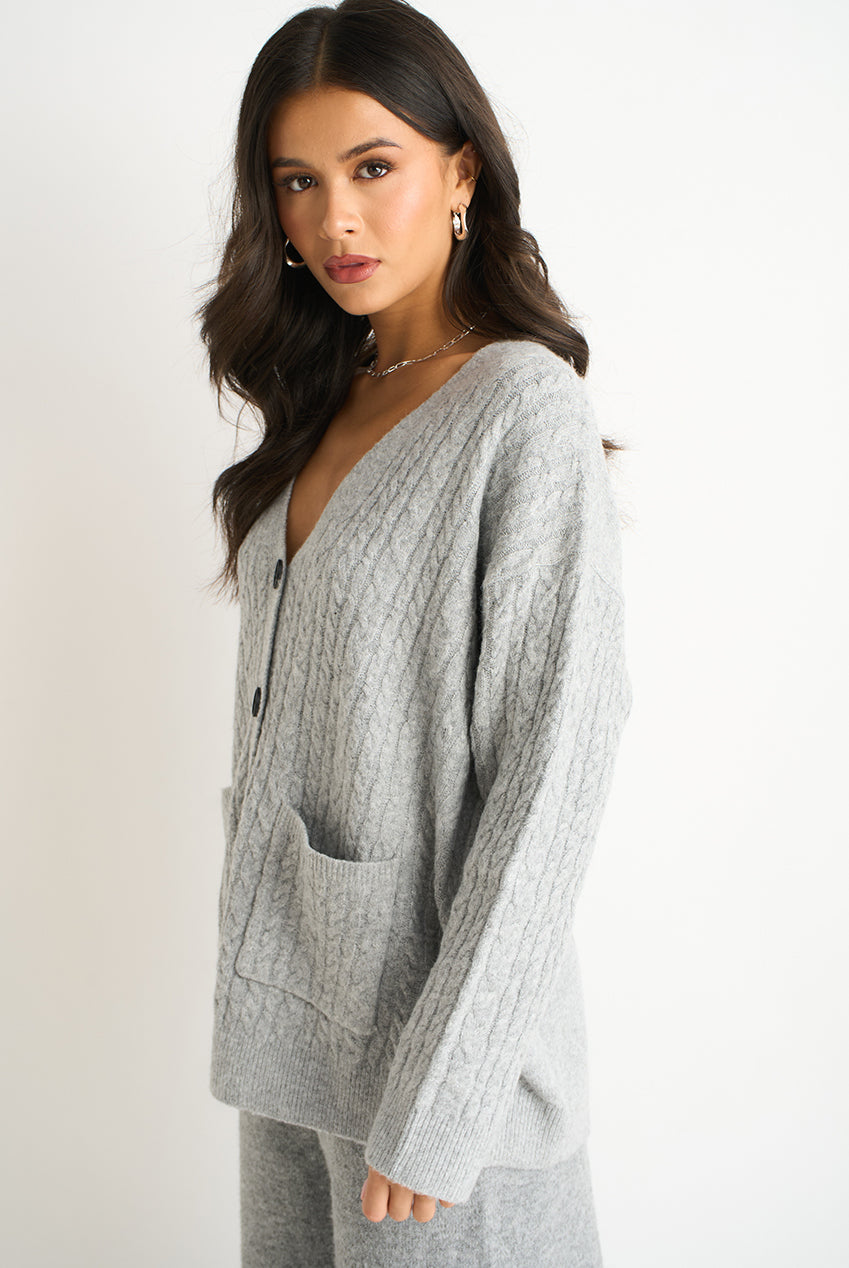 Grey Textured Knit Long Sleeve Pocket Cardigan GL2085A