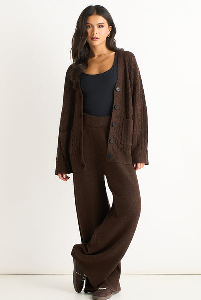 Brown - Brown Soft Knit Pull On Wide-Leg Trousers by Gini London