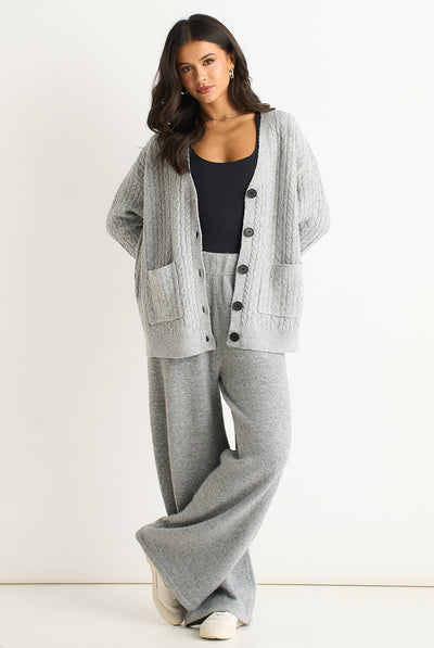Grey - Grey Soft Knit Pull On Wide-Leg Trousers by Gini London
