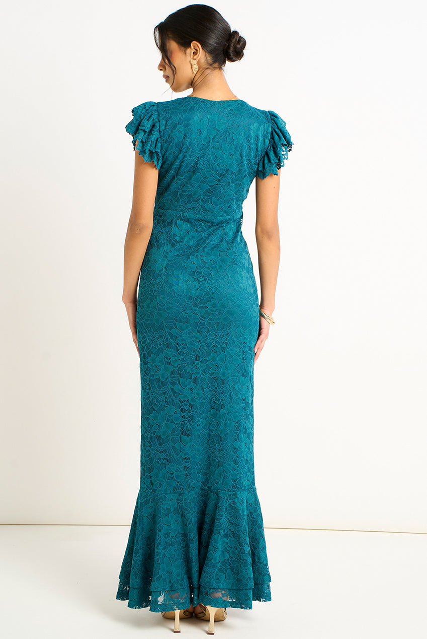 Teal Jersey Lace V Neck Ruffle Maxi Dress GL2090