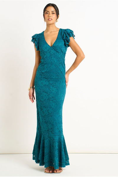 Teal - Teal Jersey Lace V Neck Ruffle Maxi Dress by Gini London